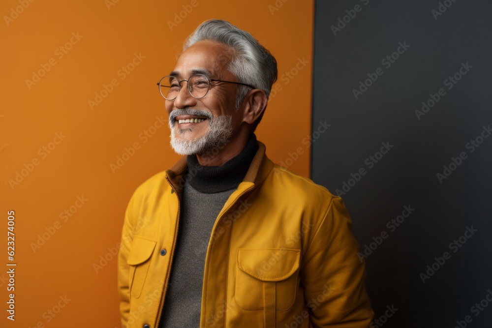 smiling senior man in yellow jacket and eyeglasses on grey and black background smiling senior man in yellow jacket and eyeglasses on grey and black background