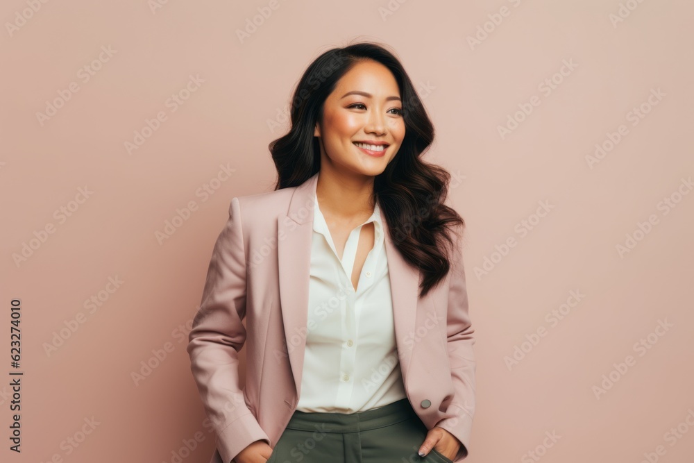 Lifestyle portrait photography of a satisfied Indonesian woman in her 30s wearing a classic blazer against a pastel or soft colors background Lifestyle portrait photography of a satisfied Indonesian woman in her 30s wearing a classic blazer against a pastel or soft colors background