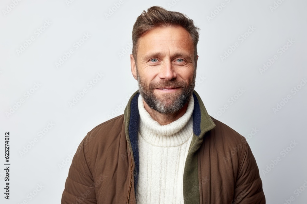 Portrait of a handsome man in a warm jacket and scarf on a white background Portrait of a handsome man in a warm jacket and scarf on a white background