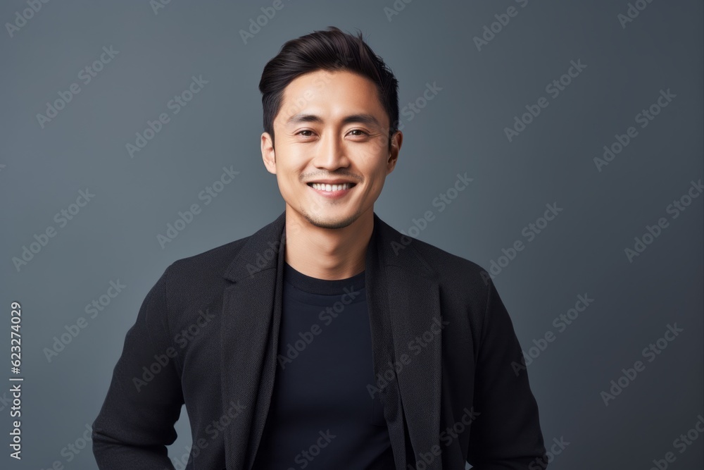 Portrait of a smiling asian man looking at camera over grey background Portrait of a smiling asian man looking at camera over grey background