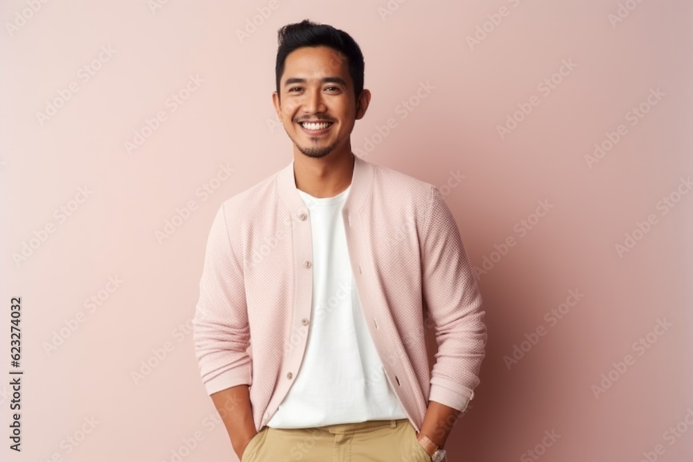 Fototapeta premium Handsome young Asian man smiling and looking at camera while standing against pink background