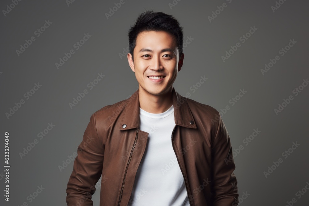 Portrait of a smiling young asian man in brown leather jacket Portrait of a smiling young asian man in brown leather jacket