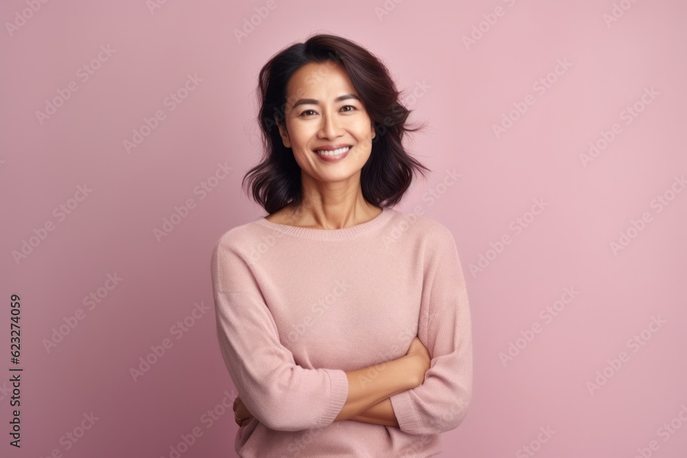 Smiling asian woman with crossed arms looking at camera over pink background Smiling asian woman with crossed arms looking at camera over pink background