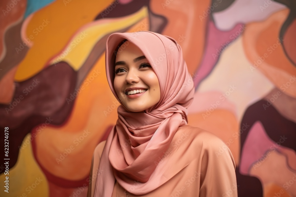 Hijab woman with smile on her face and colorful background.