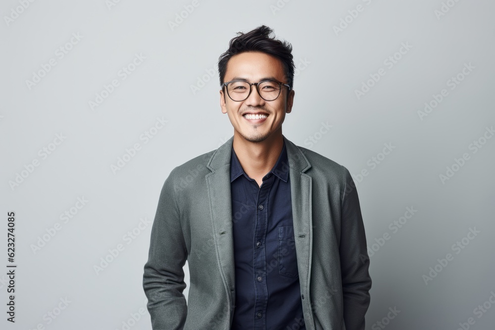 Portrait of a smiling asian man in eyeglasses standing against grey background Portrait of a smiling asian man in eyeglasses standing against grey background