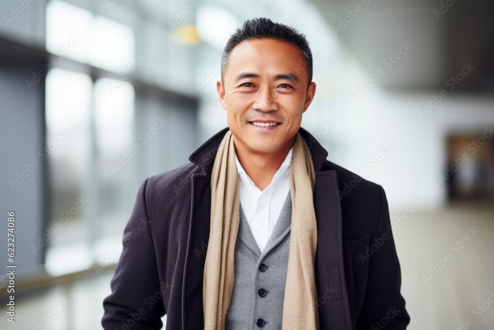 Portrait of a smiling asian businessman standing in corridor at office Portrait of a smiling asian businessman standing in corridor at office