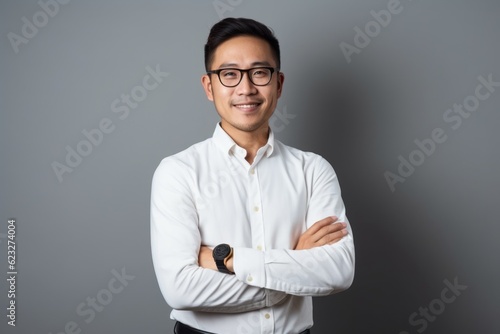 Portrait of young Asian businessman in white shirt and glasses on gray background