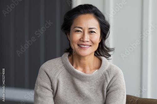 Portrait of mature woman smiling at camera in living room at home