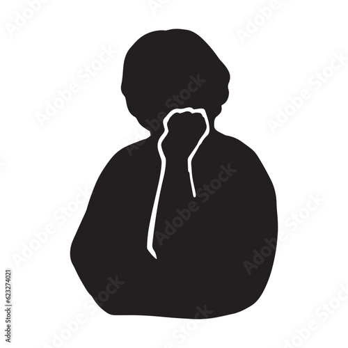 頬杖をついて物思いにふけるマチュア・シニア世代女性のシルエットイラスト　黒