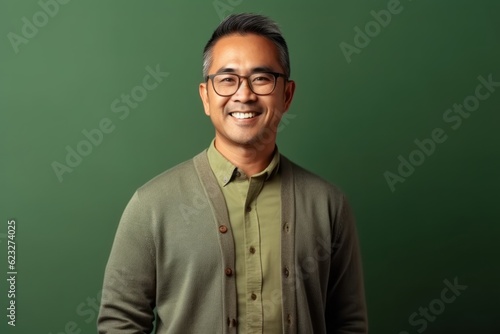 Portrait of a smiling asian man in eyeglasses against green chalkboard