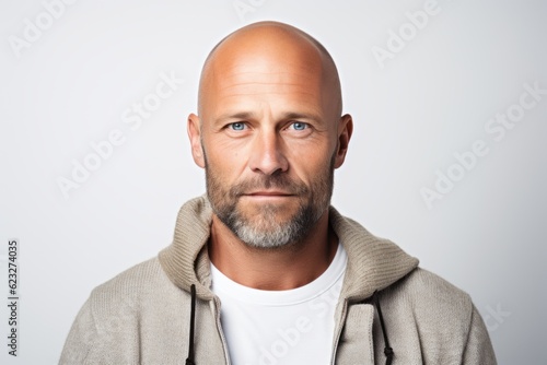 Portrait of a bald man with a beard on a white background