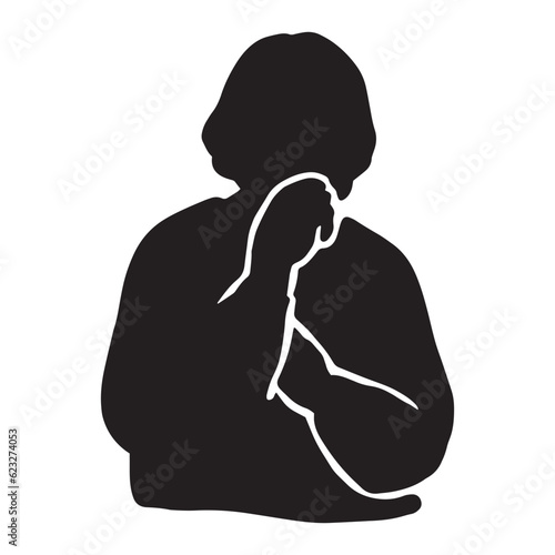 物思いにふけるマチュア・シニア世代女性のシルエットイラスト　黒