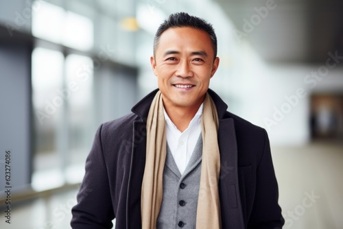 Portrait of a smiling asian businessman standing in corridor at office