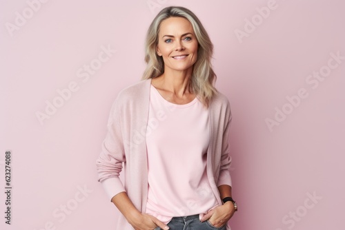smiling mature woman in pink sweater looking at camera on pink background