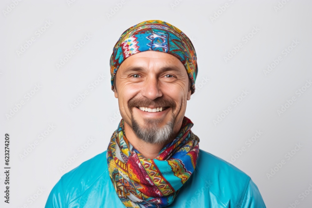 Portrait of a smiling man wearing a turban and blue jacket Portrait of a smiling man wearing a turban and blue jacket
