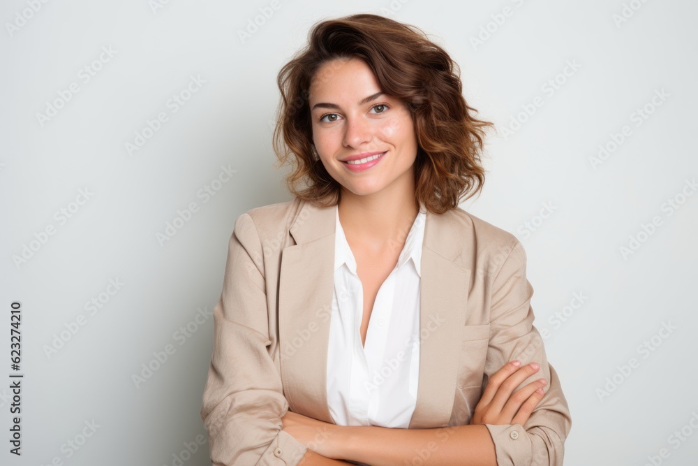 Lifestyle portrait photography of a happy Russian woman in her 30s wearing a chic cardigan against a white background Lifestyle portrait photography of a happy Russian woman in her 30s wearing a chic cardigan against a white background