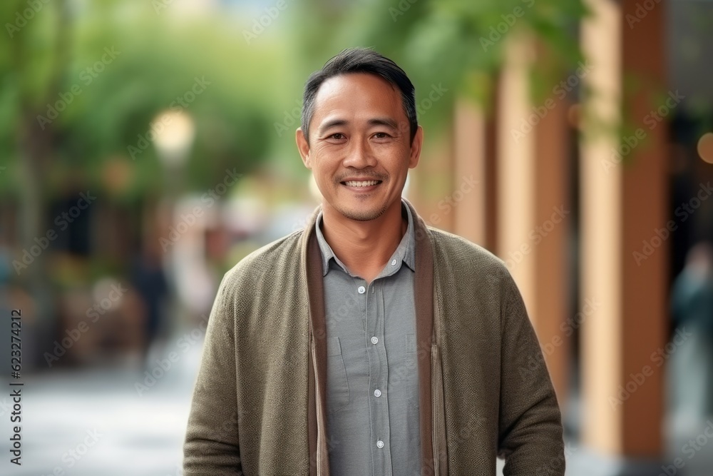 smiling asian man standing in the street and looking at camera