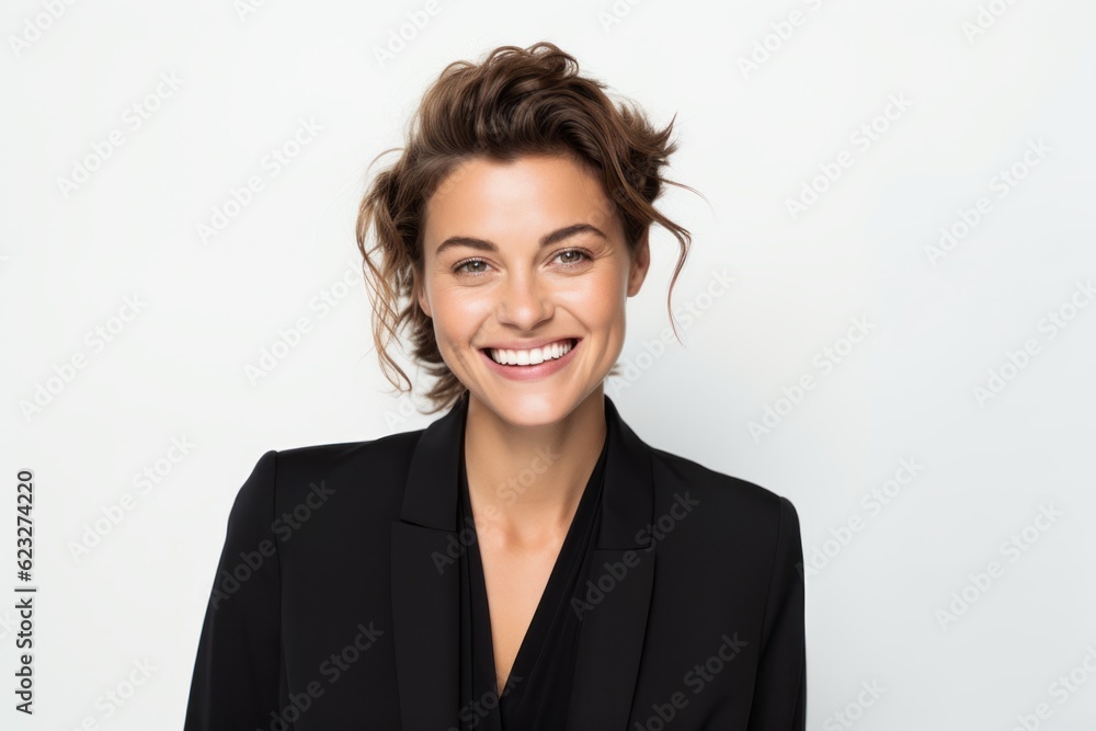 Portrait of a happy businesswoman smiling at camera over white background Portrait of a happy businesswoman smiling at camera over white background