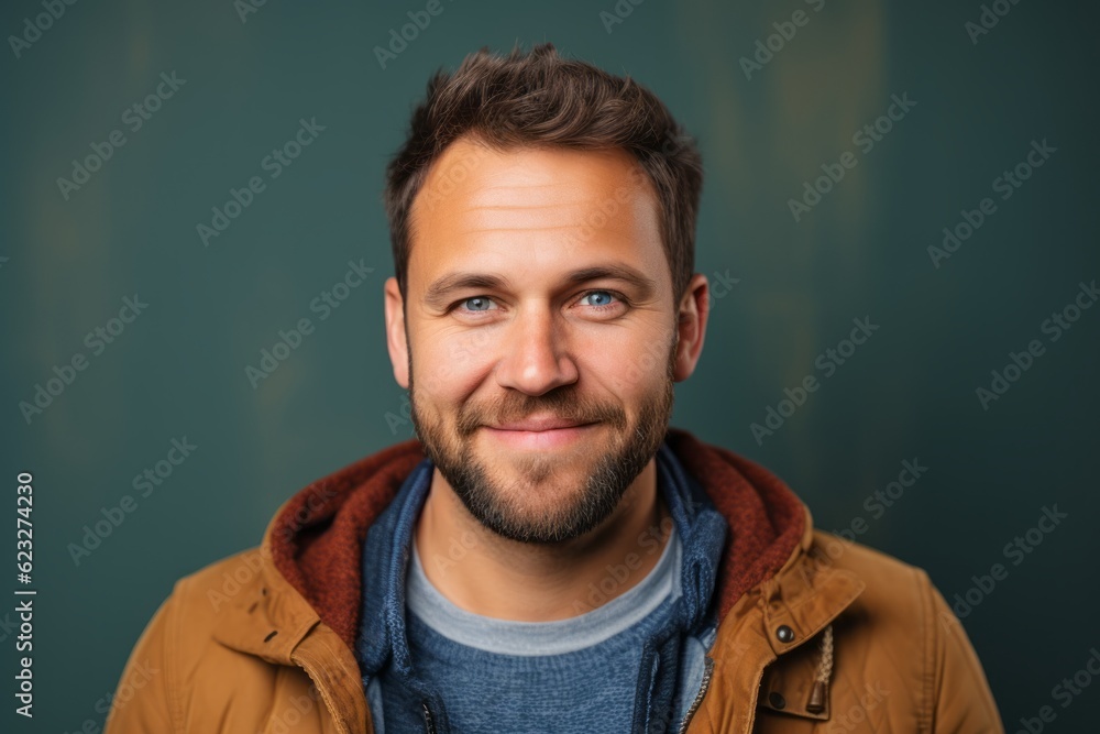 Portrait of a handsome young man with a beard on a green background