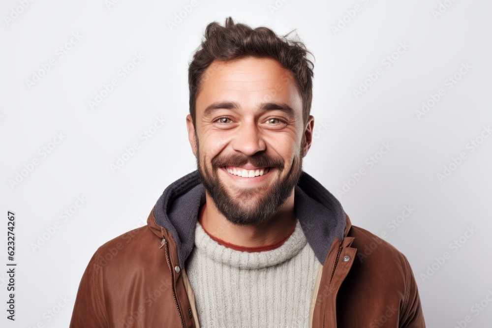 Portrait of a smiling young man in a brown jacket on a white background Portrait of a smiling young man in a brown jacket on a white background