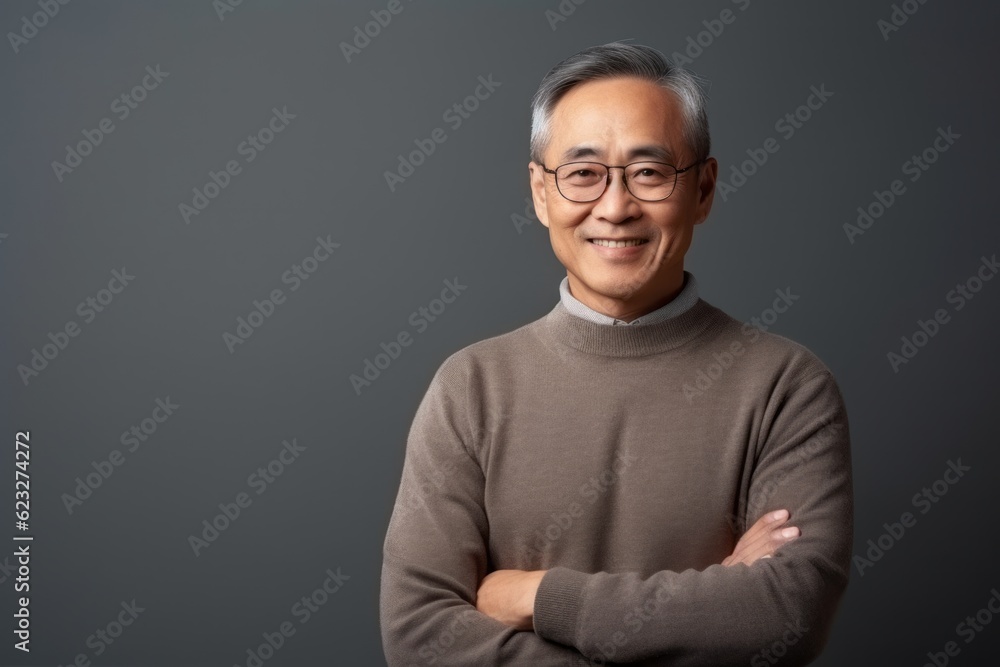 Portrait of an asian senior man with arms crossed against grey background Portrait of an asian senior man with arms crossed against grey background