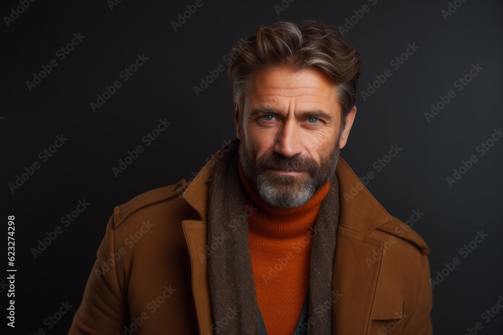Portrait of a handsome middle-aged man in coat and scarf on black background Portrait of a handsome middle-aged man in coat and scarf on black background