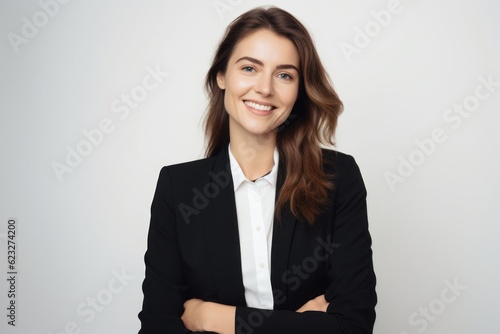Portrait of a happy businesswoman standing with arms crossed over white background