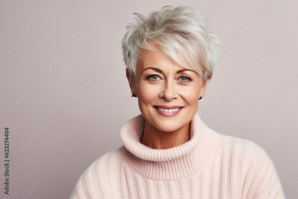 Portrait of a beautiful senior woman in a pink pullover. Portrait of a beautiful senior woman in a pink pullover.