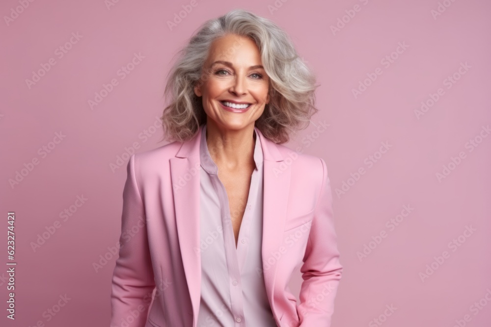 Portrait of beautiful senior woman in pink suit on pink background. Portrait of beautiful senior woman in pink suit on pink background.