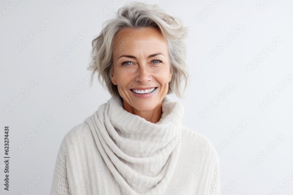 Portrait of happy mature woman with grey hair wearing warm sweater and smiling at camera Portrait of happy mature woman with grey hair wearing warm sweater and smiling at camera