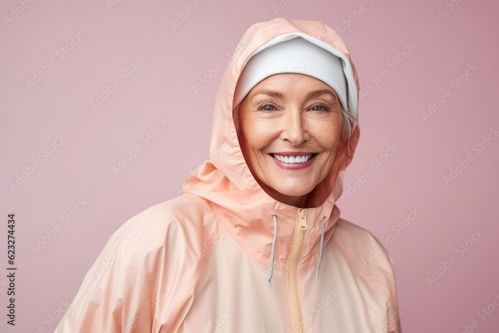 Portrait of smiling senior woman in pink raincoat and headband Portrait of smiling senior woman in pink raincoat and headband