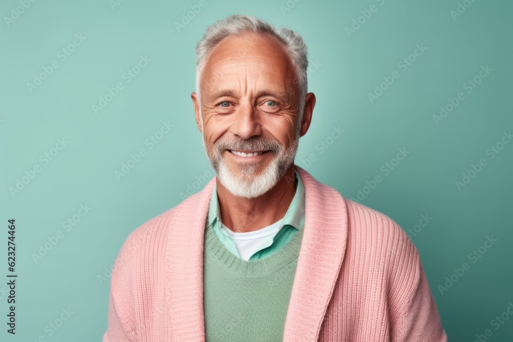 Portrait of a smiling senior man in a pink sweater on a blue background Portrait of a smiling senior man in a pink sweater on a blue background