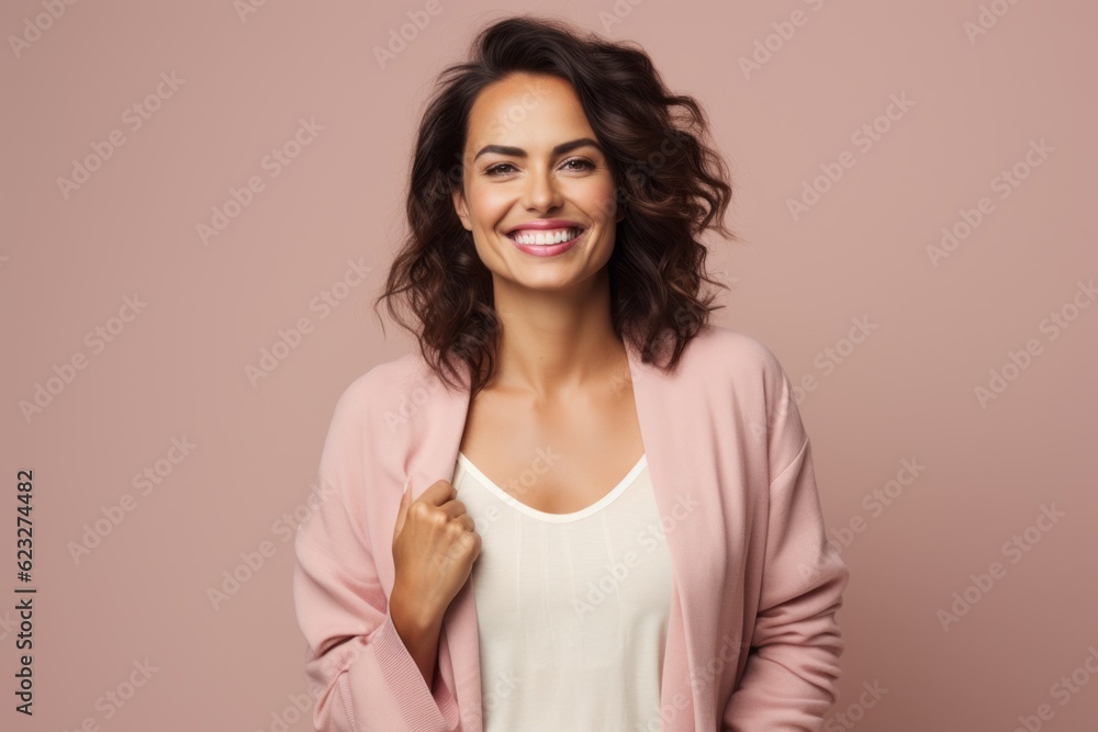 Obraz premium Portrait of a beautiful smiling woman with long curly hair on a pink background