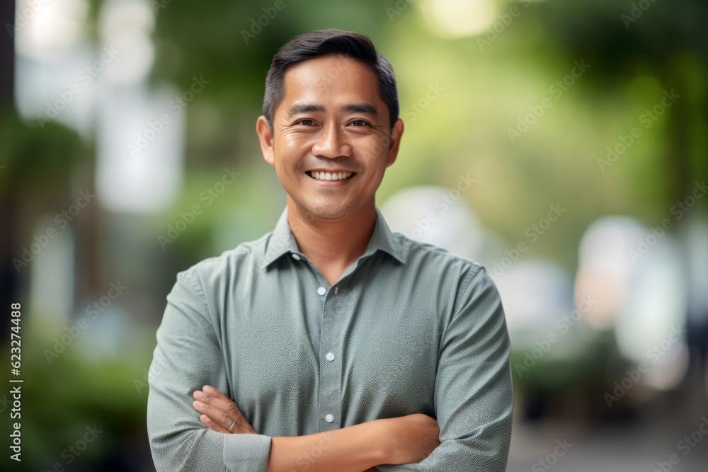 portrait of smiling asian man with arms crossed at city street portrait of smiling asian man with arms crossed at city street