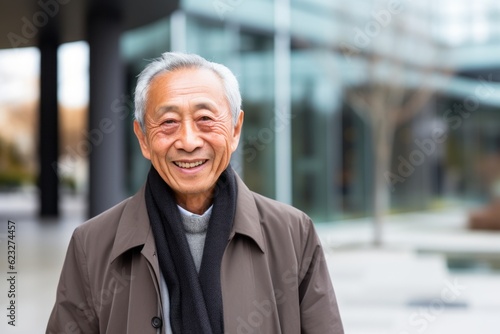 Medium shot portrait photography of a satisfied Chinese man in his 80s wearing a chic cardigan against a modern architectural background 