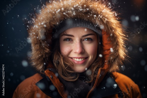 Close up portrait of a beautiful young woman wearing winter jacket and cap