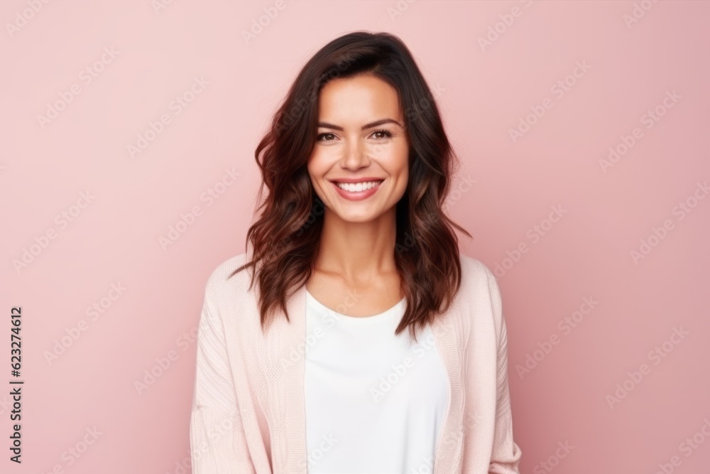 Medium shot portrait photography of a pleased Brazilian woman in her 30s wearing a chic cardigan against a pastel or soft colors background Medium shot portrait photography of a pleased Brazilian woman in her 30s wearing a chic cardigan against a pastel or soft colors background