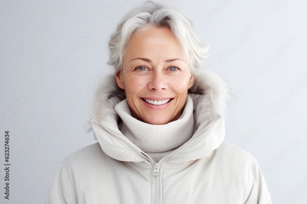 Portrait of a happy senior woman wearing warm clothing over gray background