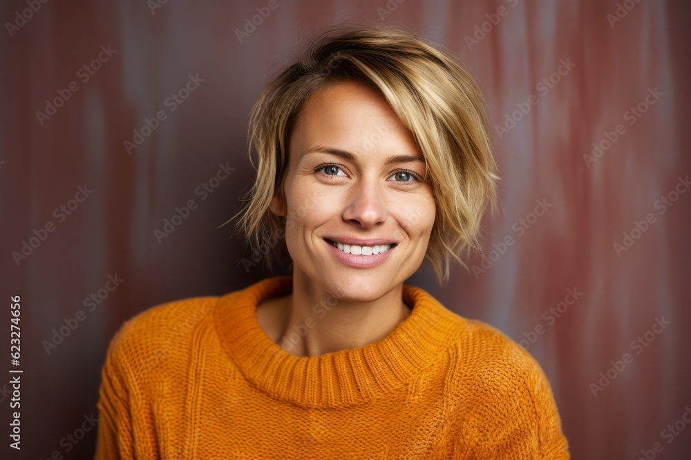 Portrait of a beautiful young woman with short blond hair wearing a orange sweater