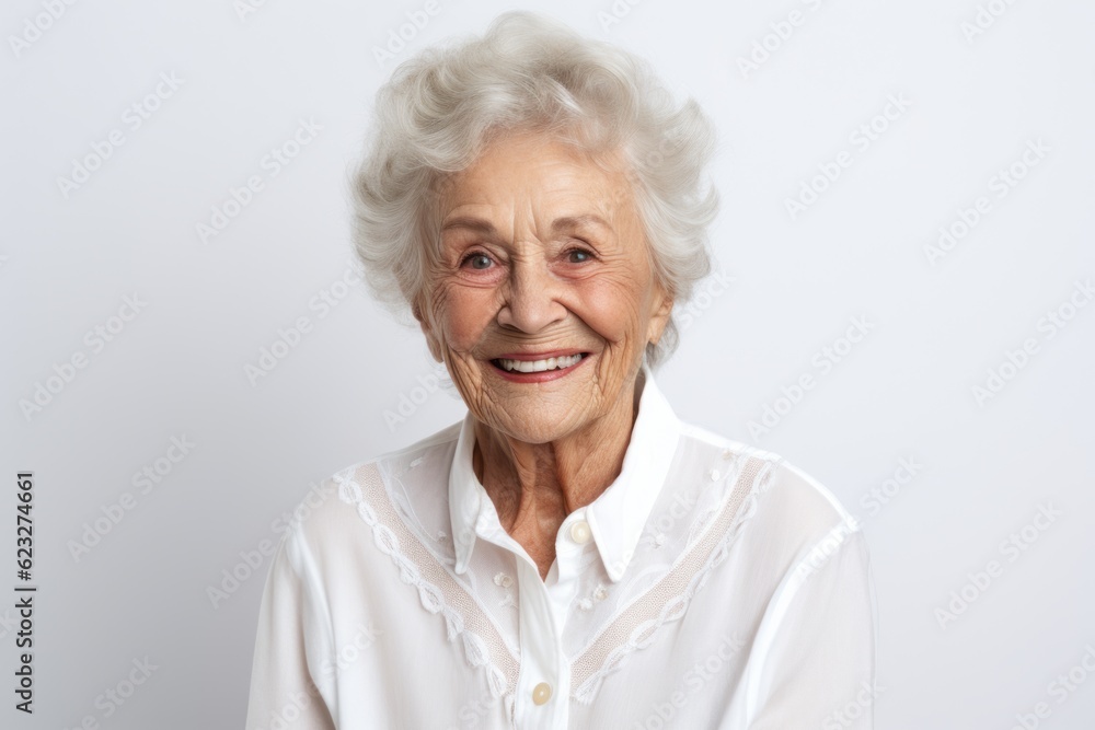 Portrait of happy senior woman looking at camera and smiling against grey background Portrait of happy senior woman looking at camera and smiling against grey background