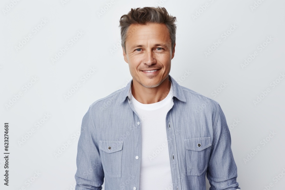 Handsome mature man in casual shirt smiling and looking at camera Handsome mature man in casual shirt smiling and looking at camera