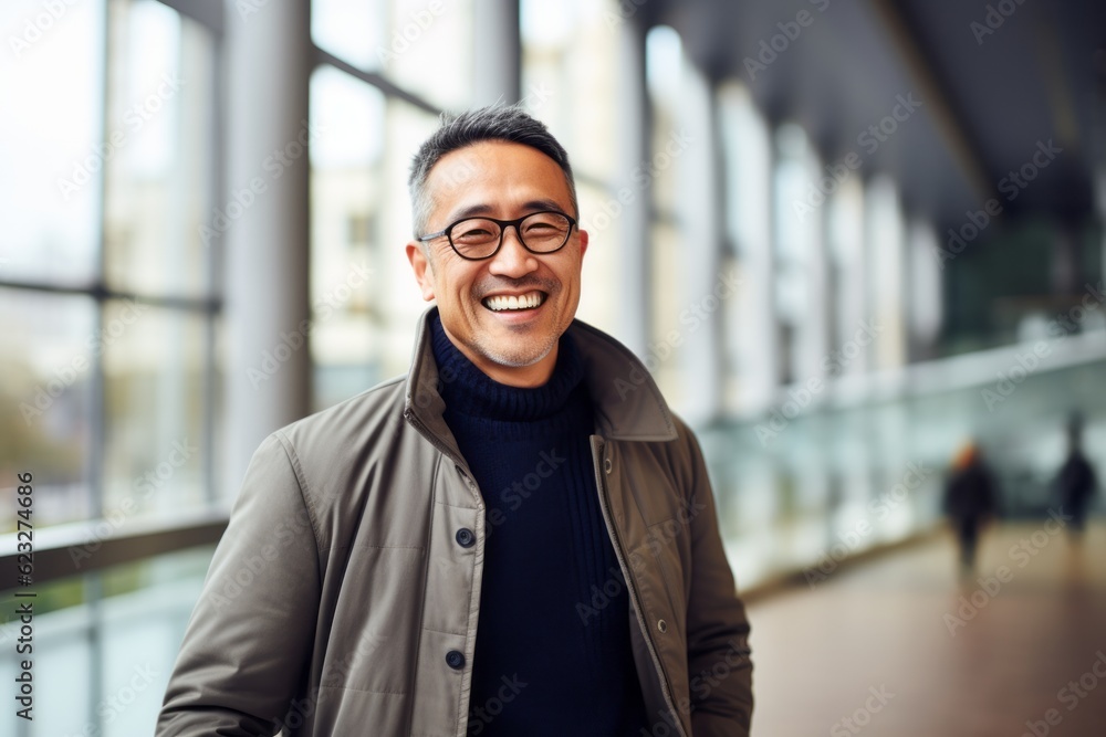 portrait of smiling asian man in coat and eyeglasses