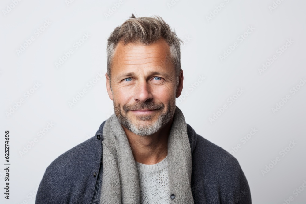 Portrait of a handsome mature man with grey hair and blue eyes wearing a gray sweater Portrait of a handsome mature man with grey hair and blue eyes wearing a gray sweater