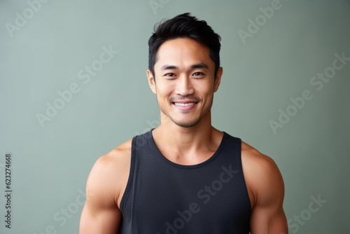 Medium shot portrait photography of a happy Indonesian man in his 30s wearing a sporty tank top against a minimalist or empty room background 