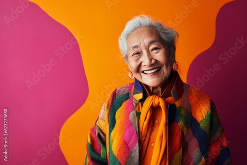 Portrait of a smiling senior woman standing isolated over colourful background, looking at camera