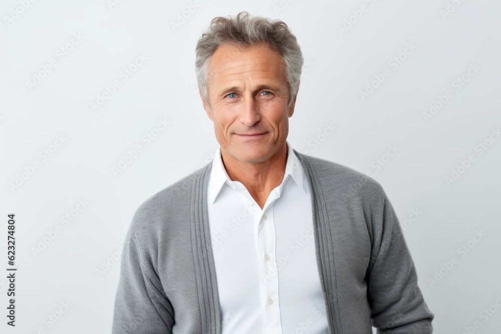 Lifestyle portrait photography of a pleased Russian man in his 50s wearing a chic cardigan against a white background Lifestyle portrait photography of a pleased Russian man in his 50s wearing a chic cardigan against a white background