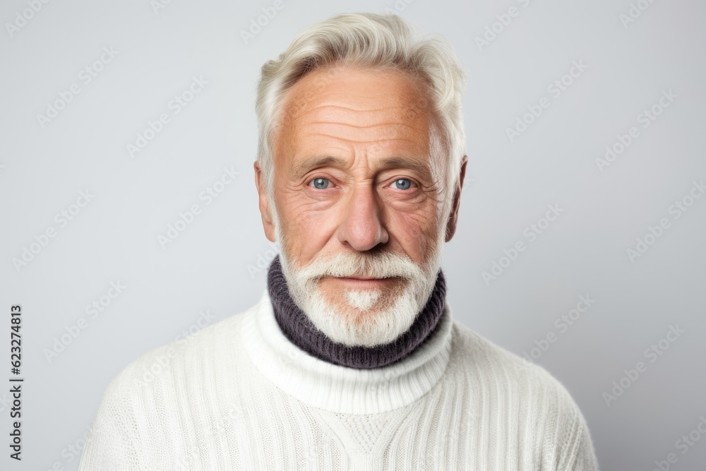 Portrait of a senior man with grey hair and beard wearing a white sweater Portrait of a senior man with grey hair and beard wearing a white sweater