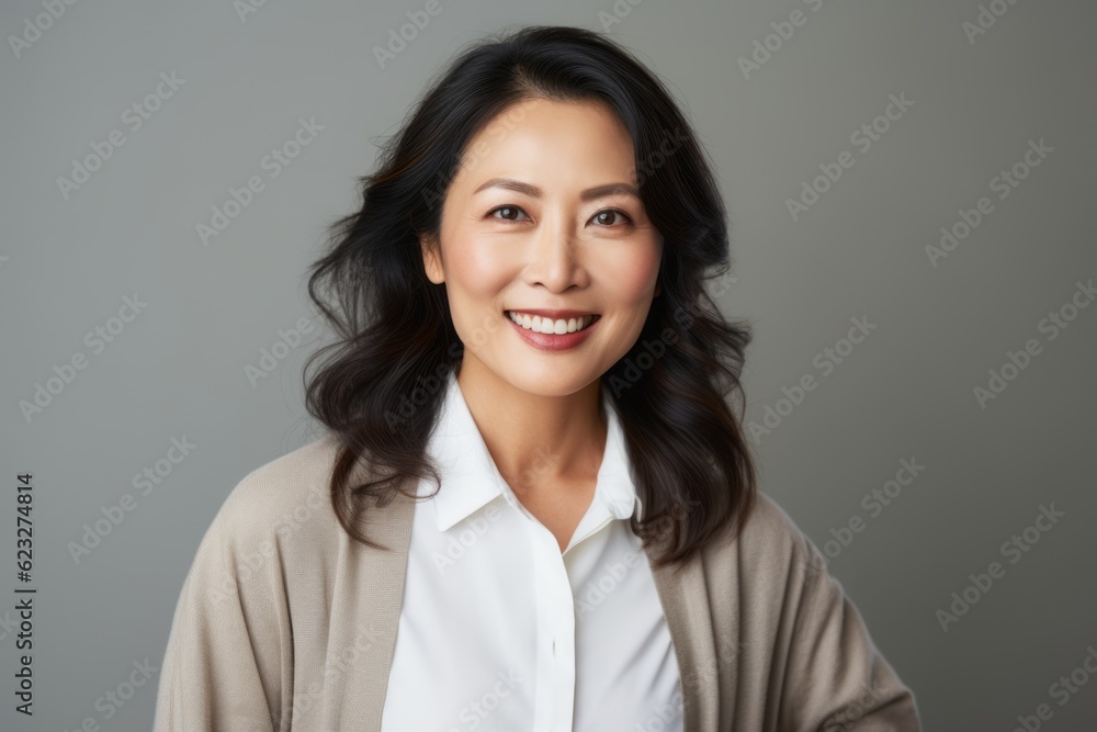 Portrait of a smiling asian businesswoman standing against grey background