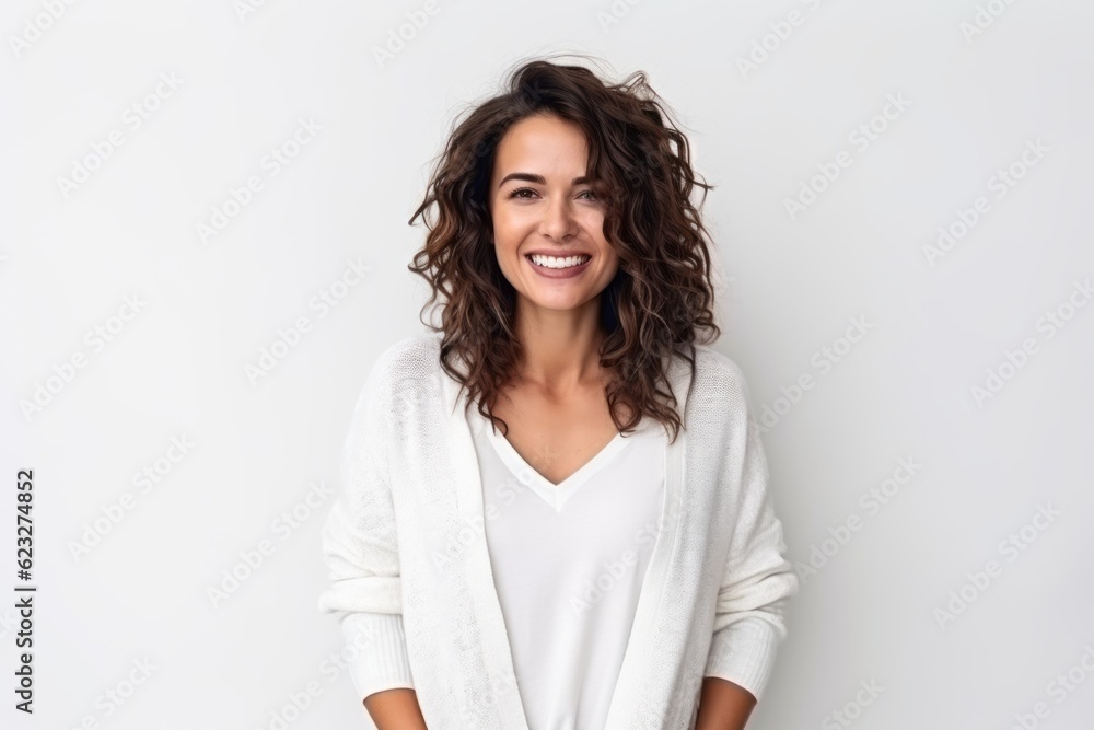 Portrait of beautiful young woman with curly hair smiling and looking at camera over white background Portrait of beautiful young woman with curly hair smiling and looking at camera over white background