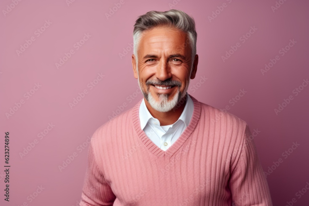 Positive senior man looking at camera and smiling while standing against pink background Positive senior man looking at camera and smiling while standing against pink background
